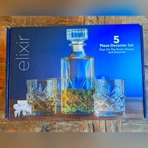 Elixir 5-Piece Whiskey Decanter Set – Decanter with Lid & 4 On-the-Rocks Glasses